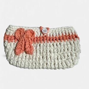 Handmade Crochet Cotton Pouch w/ Bow & Button Closure